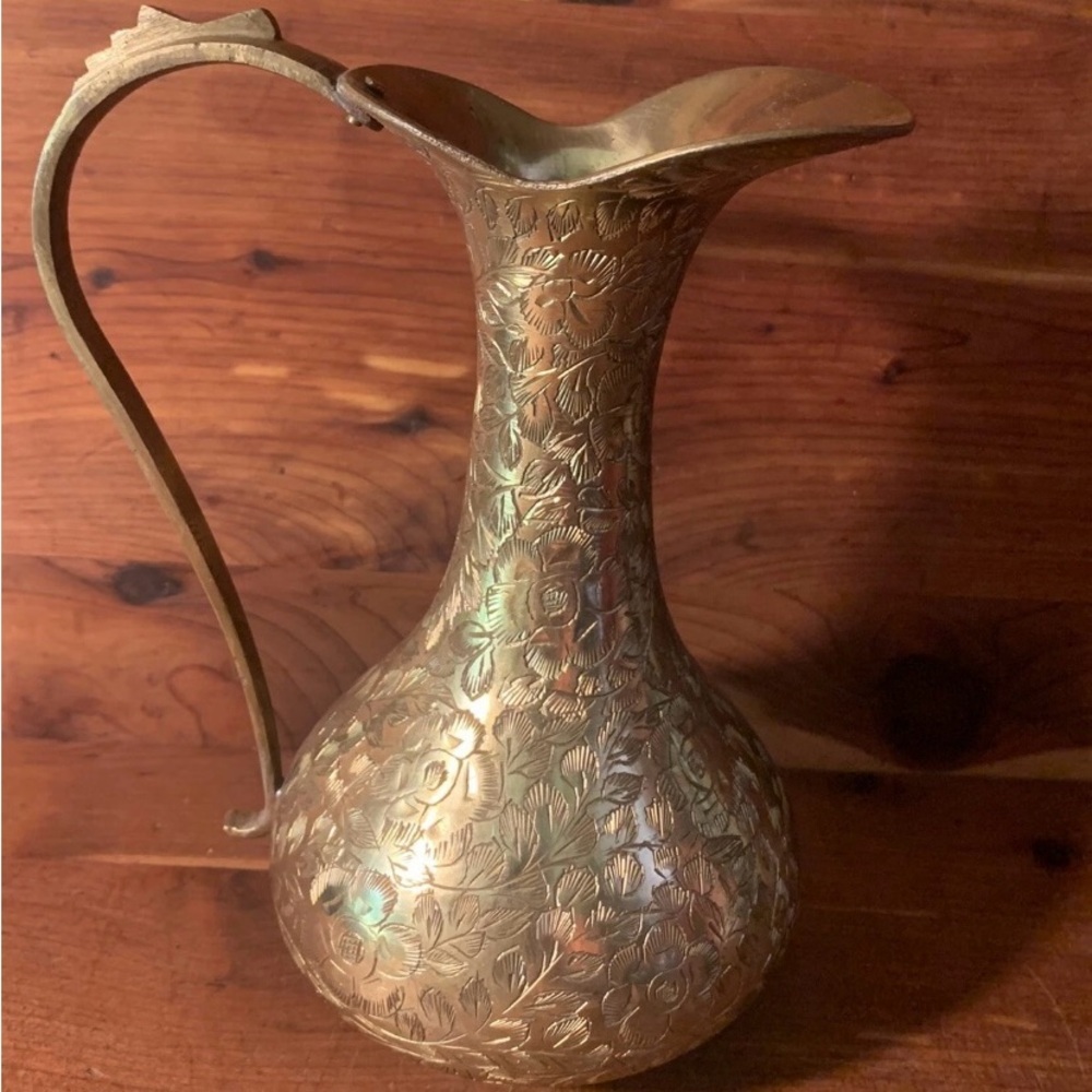 Vintage Etched India Brass 7” Pitcher - Picture 4 of 11